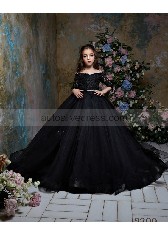 Off Shoulder Black Lace Tulle Long Flower Girl Dress